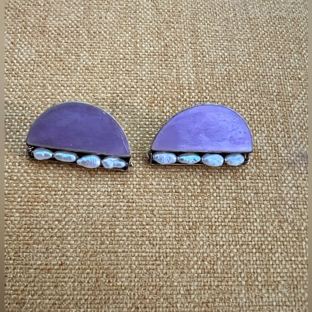 Vintage earrings with seed pearls and enamel on sterling. Pretty lavender purple